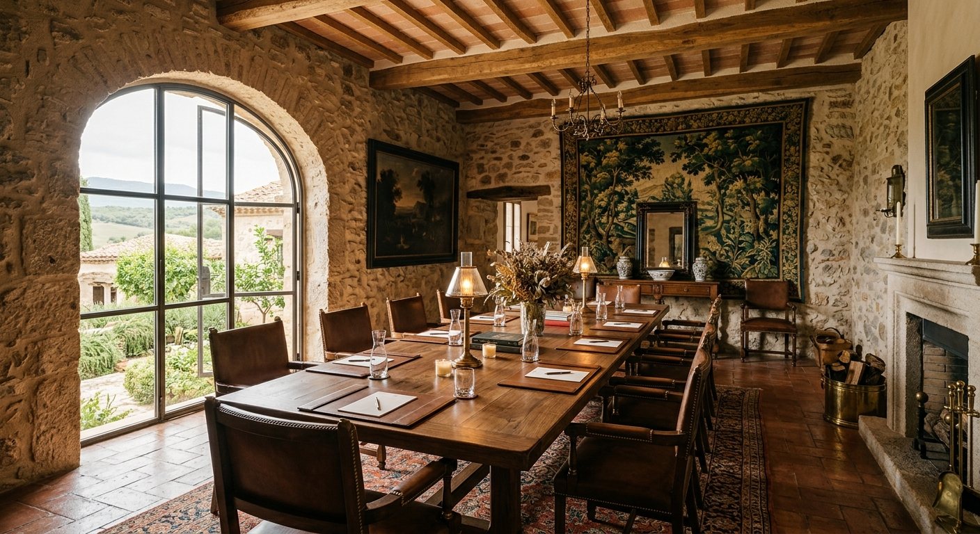 Sala de consejo con mesa central para reuniones de comité de dirección