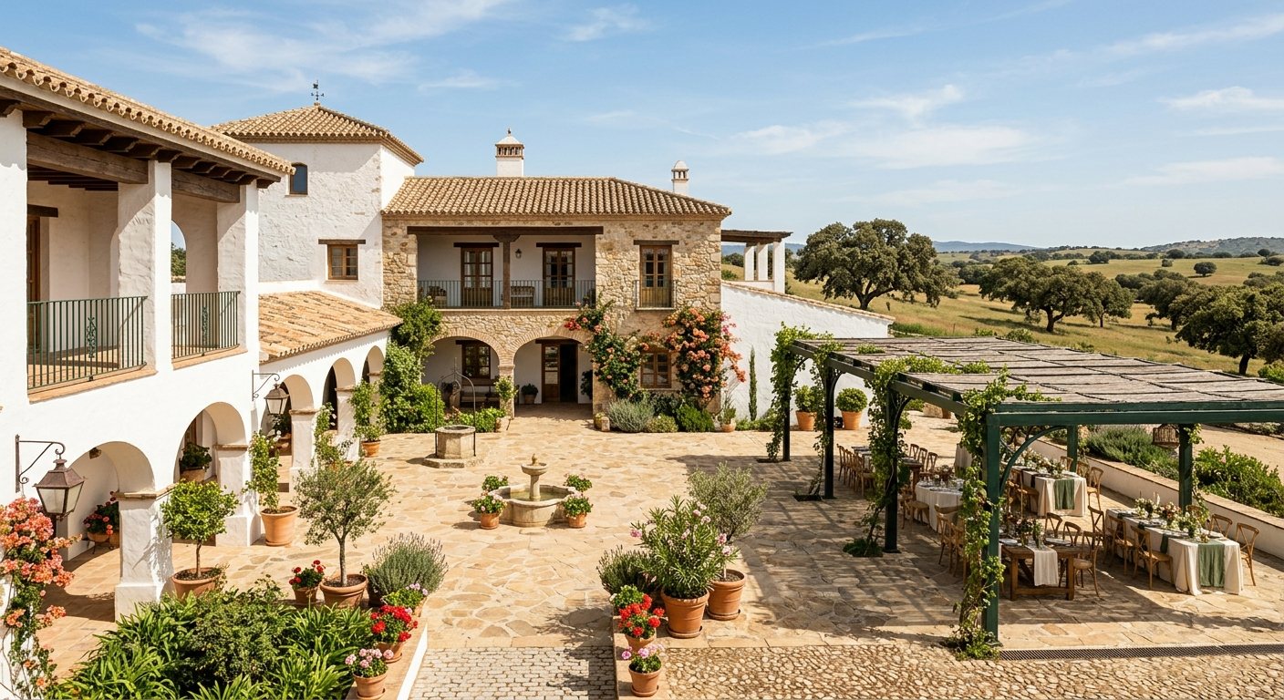 Cortijo extremeño con espacios luminosos rodeado de dehesa