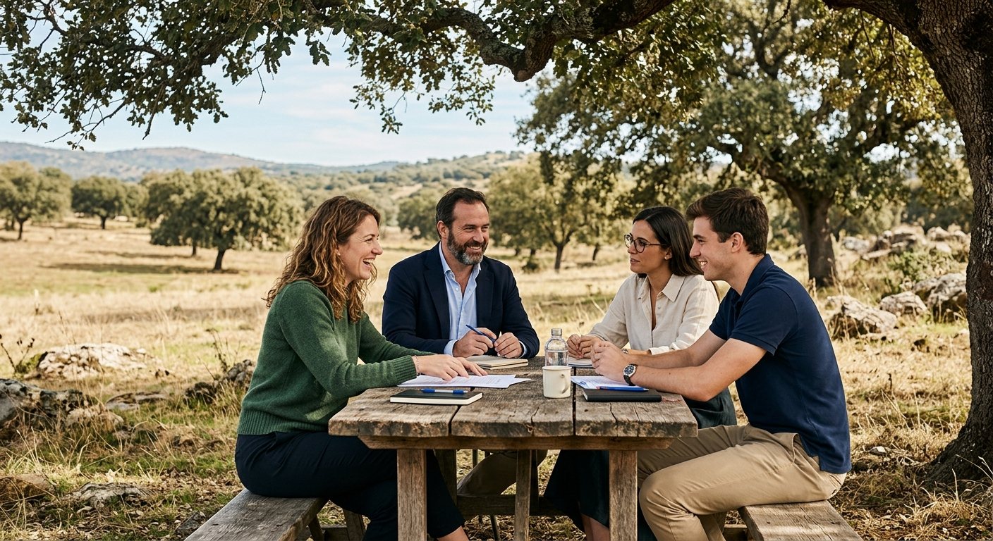Sesión de desarrollo directivo de un equipo al aire libre en la dehesa