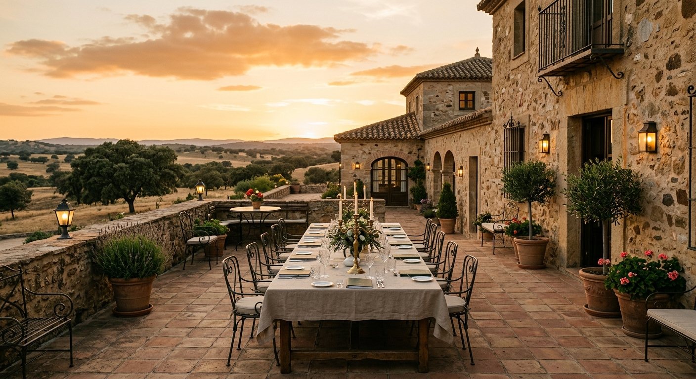 Salón de una hacienda de la dehesa preparado para un encuentro de alta dirección al atardecer